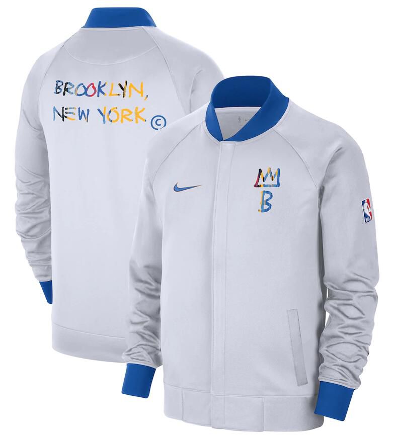 Men Brooklyn Nets White Nike City Edition Full Zip Jacket 2023 NBA Jersey->->